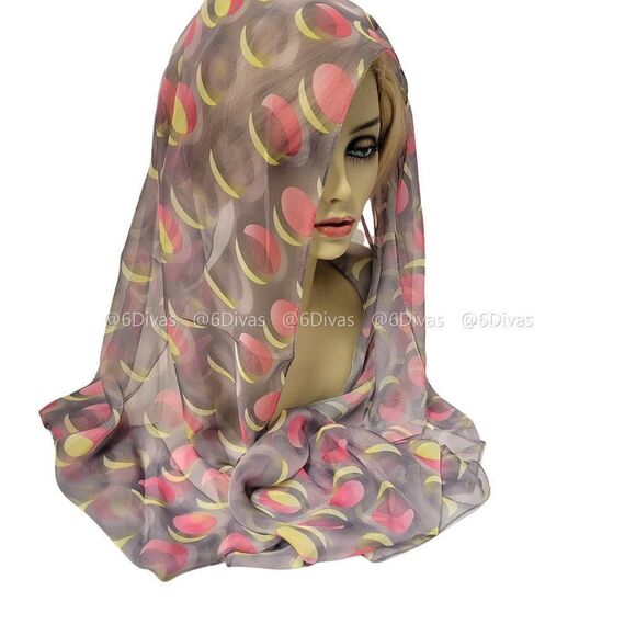 Soft Lightweight Grey Rectangular Scarf With Pink And Yellow Crescents - Picture 4 of 4